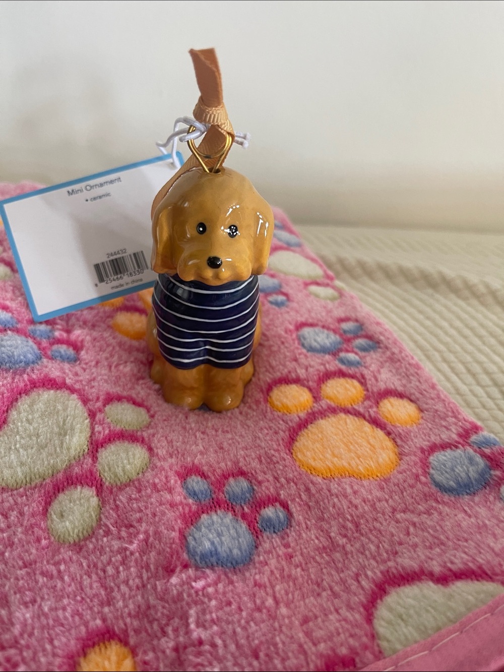 Ceramic Dog Ornament in Tan with Navy Striped Sweater - Small Pets